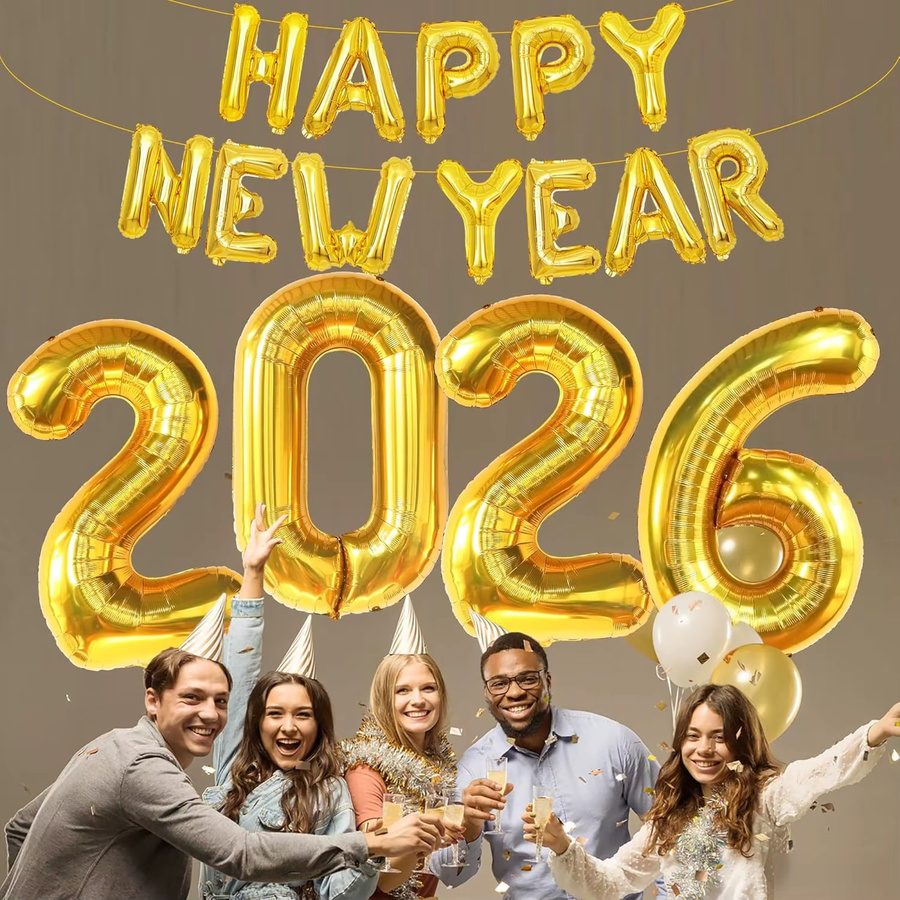 YAYB Frohes Neues Jahr 2026 Folienballon Banner Girlande in Gold für Silvester Dekorationen, Höhe: 101,6 cm - Bild 2