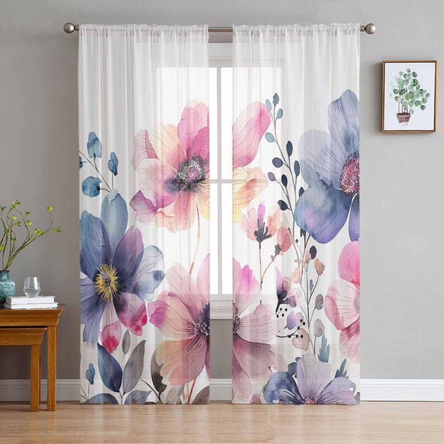 Transparente Tüll-Voile-Organza-Vorhänge mit Aquarellblumen in Weiß, Breite: 135 cm, Höhe: 115 cm - Bild 1
