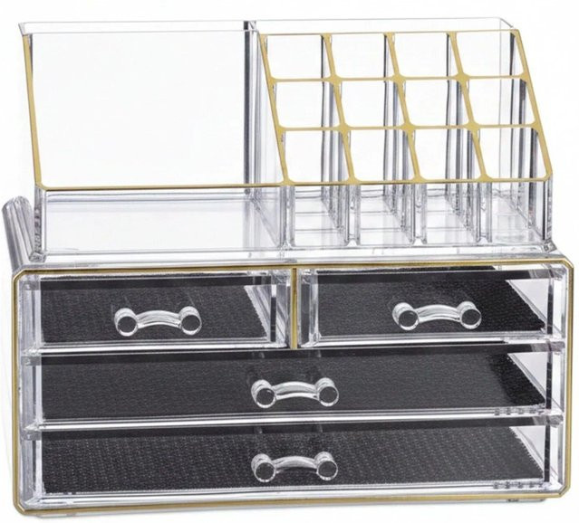 Relaxdays Make Up Organizer aus Acryl in Gold Gestreift mit 4 Schubfächern, B: 24 cm, T: 19 cm, H: 13,5 cm - Bild 1