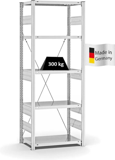 PROREGAL Fachbodenregal Stecksystem T-Profil Heavy-Duty Grundregal, H x B x T: 200 x 75 x 40 cm, 5 Ebenen, Fachlast 300 kg, Lichtgrau - Bild 1