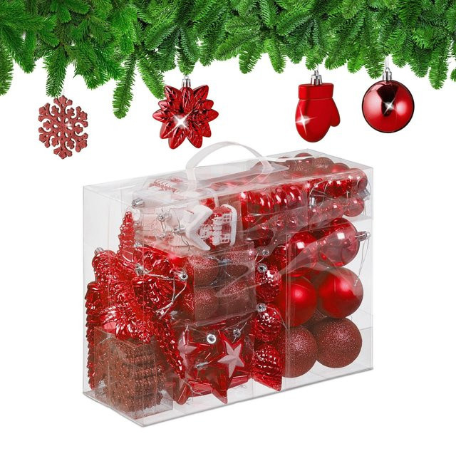 Relaxdays Weihnachtskugeln Set in Rot aus Polystyrol mit verschiedenen Motiven wie Zapfen, Blumen, Sternen, Häusern und Schneeflocken inklusive Aufbewahrungsbox - Bild 1