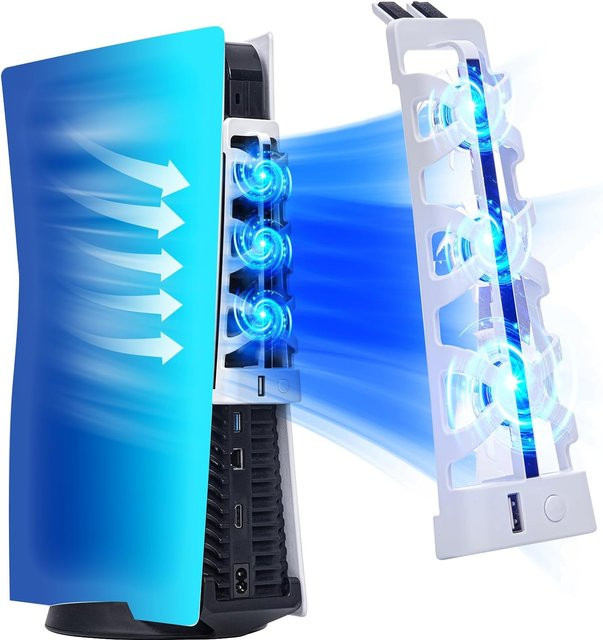 SZKOSTON Kühlventilator für PlayStation 5 Disc und Digital Edition mit LED-Licht und USB-Anschluss, Farbe: Weiß - Bild 1