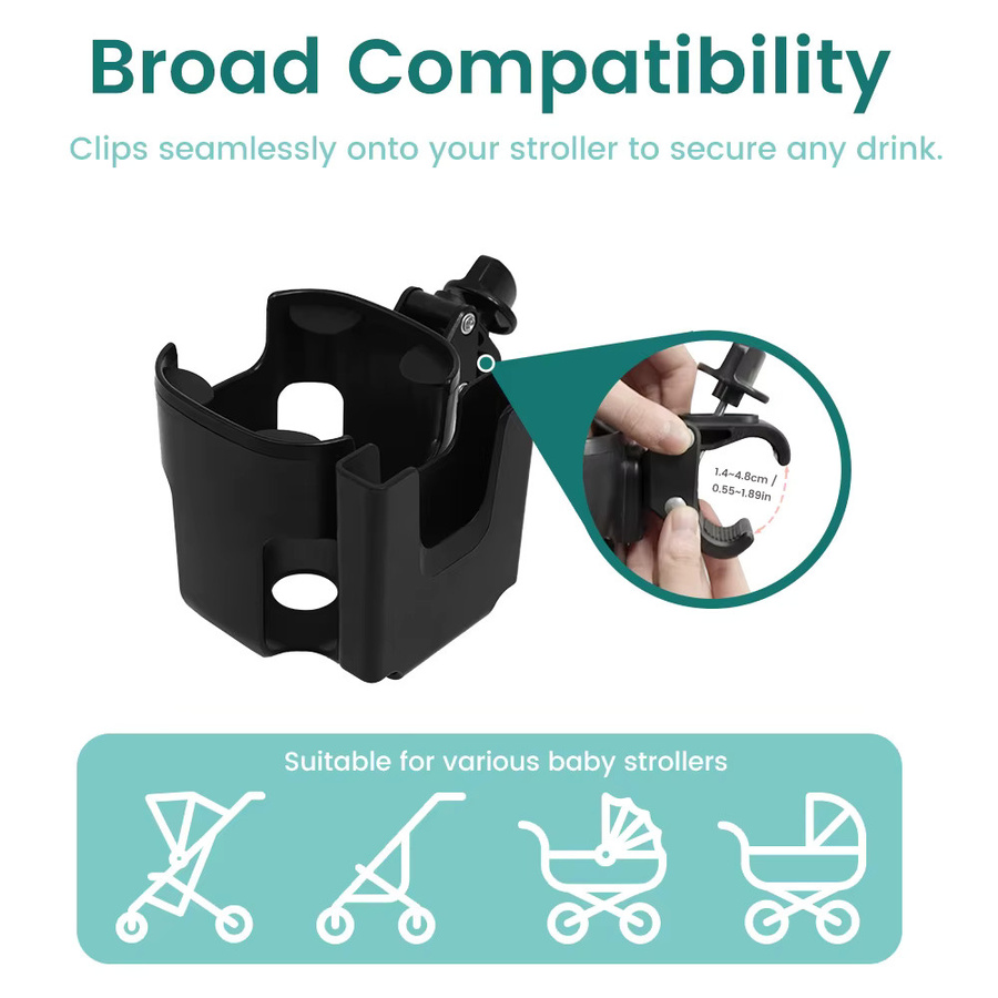 momo&dudu 2-in-1 Getränkehalter und Handyhalter für Kinderwagen, Fahrrad oder Rollstuhl mit 360 Grad Drehung und starkem Clip, Grau/Schwarz - Bild 2