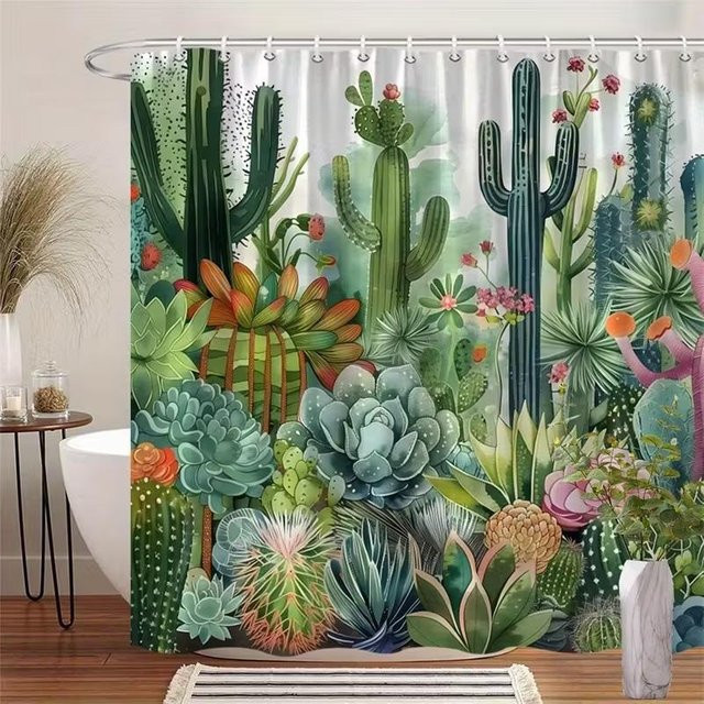 VIKAMA Duschvorhang Kaktusgarten in Aquarell-Optik, grün, wasserdicht und schimmelresistent, B/H: 90 x 180 cm - Bild 1
