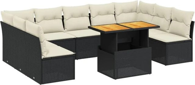 vidaXL 10-tlg. Garten-Sofagarnitur in L-Form aus Polyrattan und Akazienholz mit Kissen, Schwarz-creme - Bild 1