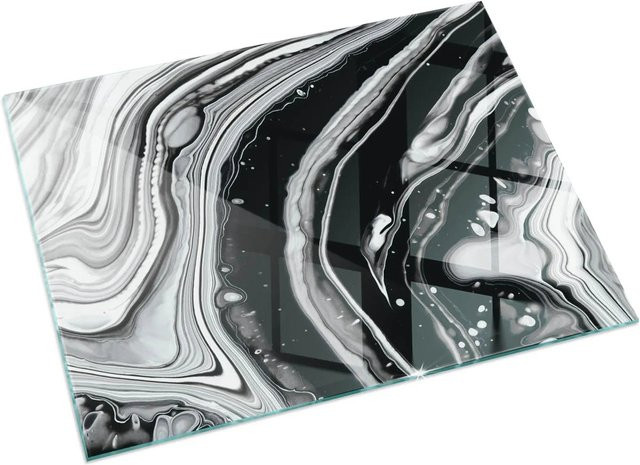 Tulup Kamin Glasplatte mit abstraktem Wellen- und Linienmuster in Schwarz und Weiß, B/T: 60 x 40 cm - Bild 1