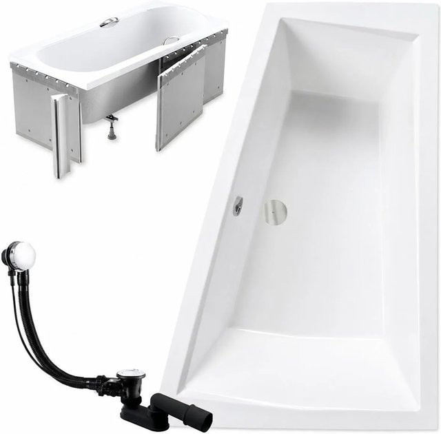 KOLMAN Eckbadewanne aus Acryl in Weiß, rechtsseitig mit Styroporverkleidung, Ablage und rutschfester Oberfläche, inklusive Ablauf und Füßen, B/T: 180 x 125 cm - Bild 1