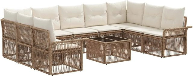 vidaXL Gartensofa-Set 10-teilig in U-Form aus Poly-Rattan und pulverbeschichtetem Stahl in Beige mit Polsterung - Bild 1