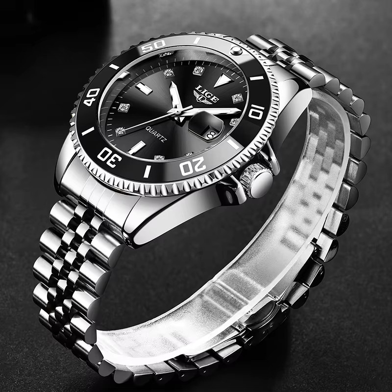 LIGE Armbanduhr Quarz, Edelstahl, Schwarz, Silber, Herren - Bild 2