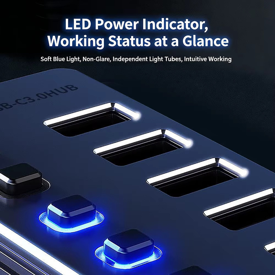 KEBIDUMEI 7-Port USB 3.0 Hub mit Ein-/Ausschaltern, Aluminium USB-Splitter, 5 Gbit/s Hochgeschwindigkeitsadapter in Silber für MacBook und Laptops - Bild 4