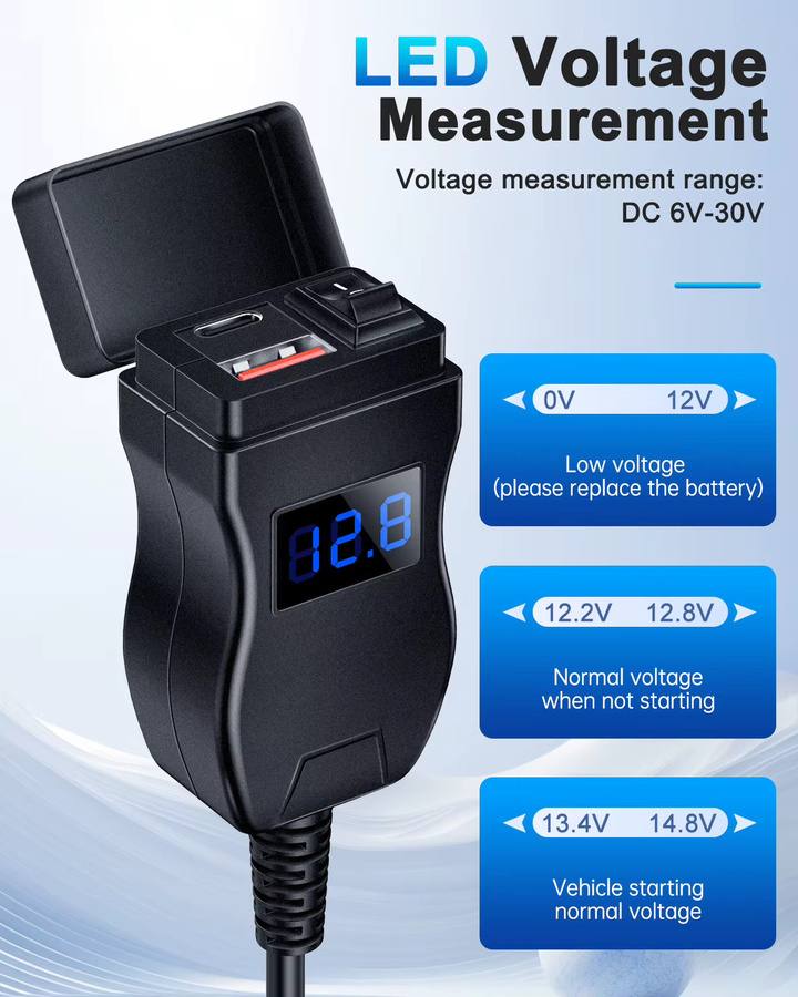 Extractme Motorrad-Ladegerät in Schwarz mit Dual-USB, QC3.0 Schnellladegerät, Steckdose mit Schalter und wasserdichtem digitalem Voltmeter - Bild 5