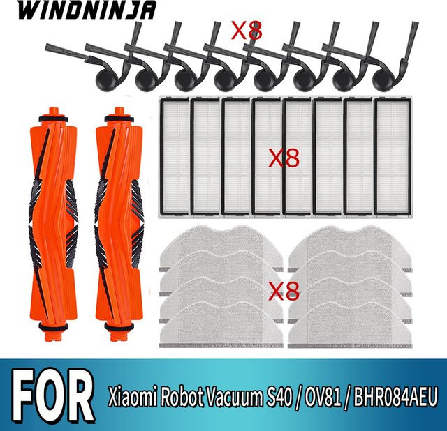 WINDNINJA Zubehör-Set aus Kunststoff für Xiaomi Roboterstaubsauger S40 OV81 BHR084AEU mit Hauptbürste, Seitenbürste, HEPA-Filter und Wischtuch - Bild 1