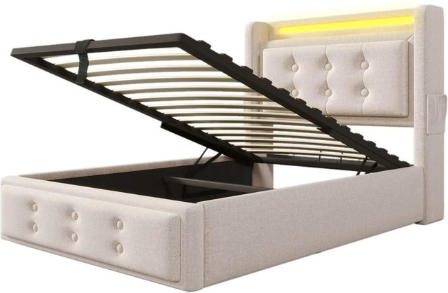 Merax Polsterbett mit LED-Unterbettbeleuchtung und USB-C Ladestation, Beige, B: 90 cm, H: 109 cm, T: 222 cm - Bild 1