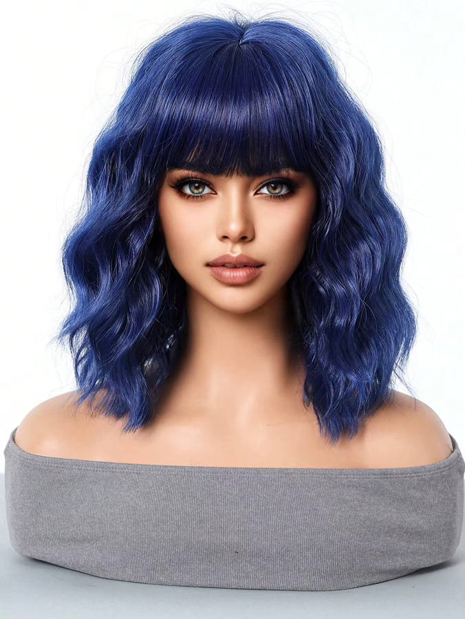 Blaue Bob-Perücke, kurz gewellt, 14 Zoll, synthetisch, Unisex - Bild 2
