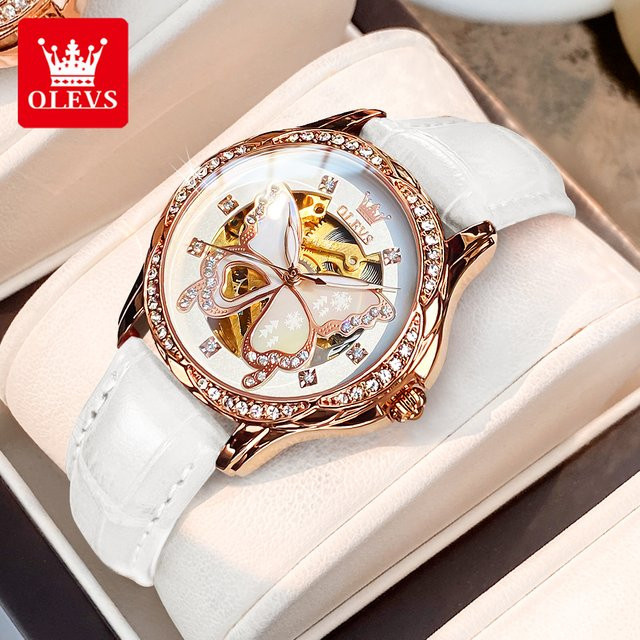 OLEVS Armbanduhr Automatik, Schmetterlings-Skelett-Zifferblatt, Diamant, Damen - Bild 1