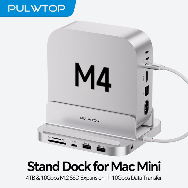 PULWTOP Mac Mini M4 Hub-Ständer mit 4TB SSD-Gehäuse in Silber mit USB-A, USB-C 3.2, Audio-Mikrofon und SD/TF-Kartenslot - Bild 1