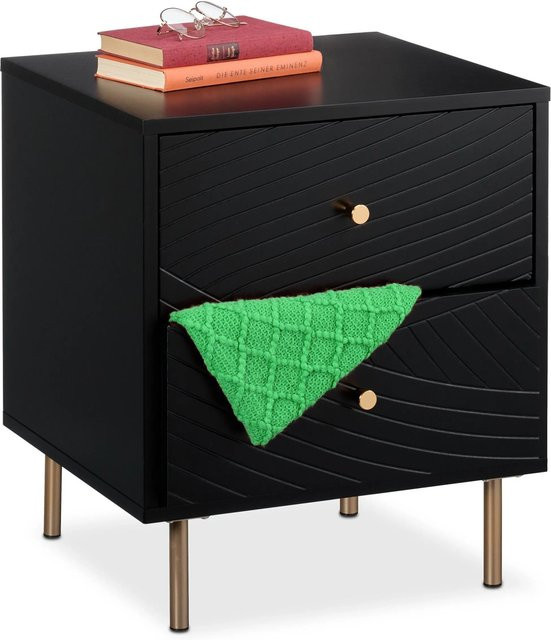 Relaxdays Nachttisch in Schwarz und Gold mit 2 Schubladen und Ablage, B/T/H: 52 x 45 x 40 cm - Bild 1