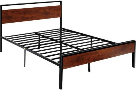 VEVOR Queen Size Bettrahmen aus Metall und Holz in Schwarz und Braun im Retro-Stil, Plattformbett mit Kopf- und Fußteil, B/T/H: 153 x 213 x 35 cm - Bild 1