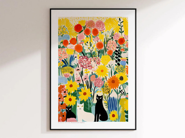 SHENCHEN Wandkunst Gelbe Katze im Garten als Giclée-Druck auf Leinwand mit Blumenmotiv - Bild 1