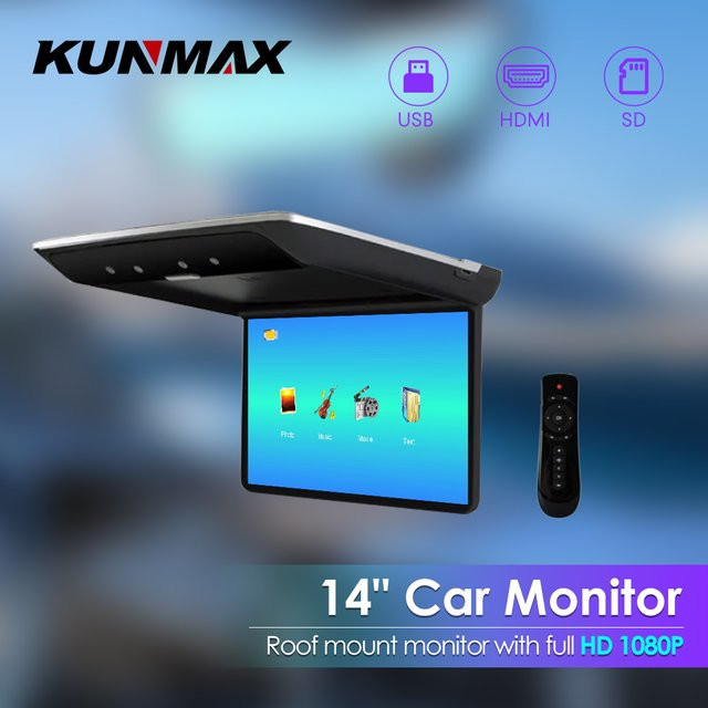KUNFINE 14 Zoll Autodachmonitor mit 1080P HD-Bildschirm, Flip Down IPS-Display, MP5-Player, USB, SD, HDMI und FM in Schwarz oder Beige - Bild 1