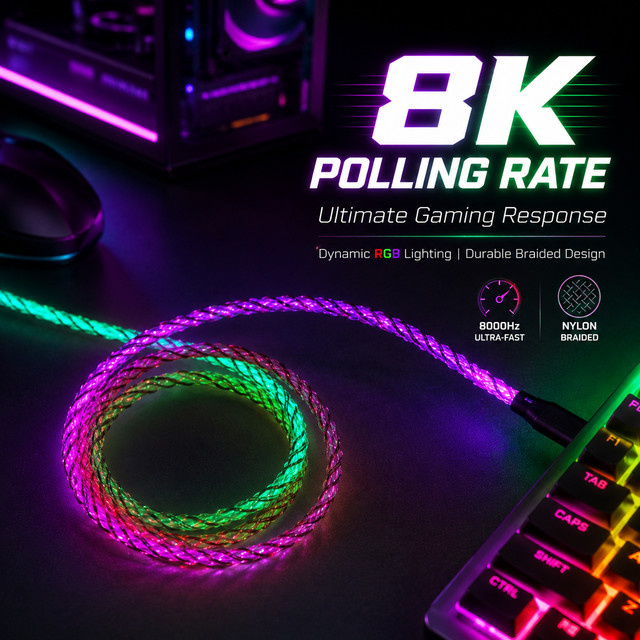 TROVANCO RGB Gaming-Tastaturkabel USB auf Typ-C, beleuchtetes geflochtenes Datenkabel für mechanische Tastaturen, Multicolor, Länge: 1 m - Bild 1