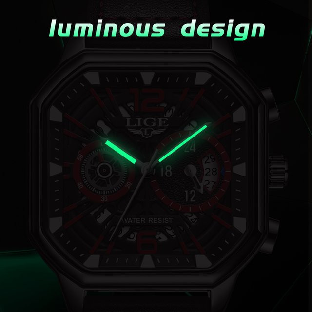 LIGE Chronograph Armbanduhr, Leder, Quarz, Eckig, Blau, Herren - Bild 1