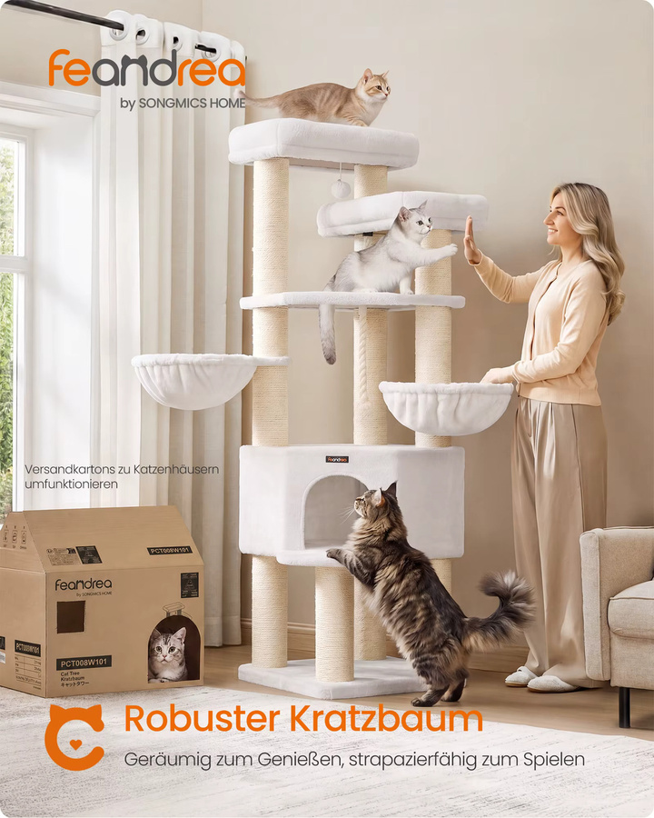 FEANDREA XL Kratzbaum Katzenturm mit Sisalstamm in Weiß, B/T/H: 55 x 55 x 186,7 cm - Bild 2