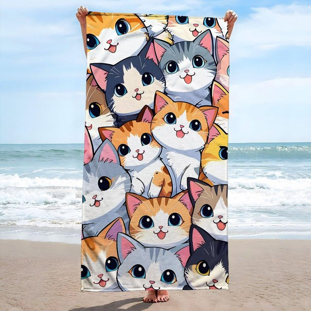 Ka Chen Muda Strandtuch mit Kawaii Katze Aufdruck, schnelltrocknend aus Polyester, weiß/mehrfarbig, B: 30 cm, H: 60 cm - Bild 1