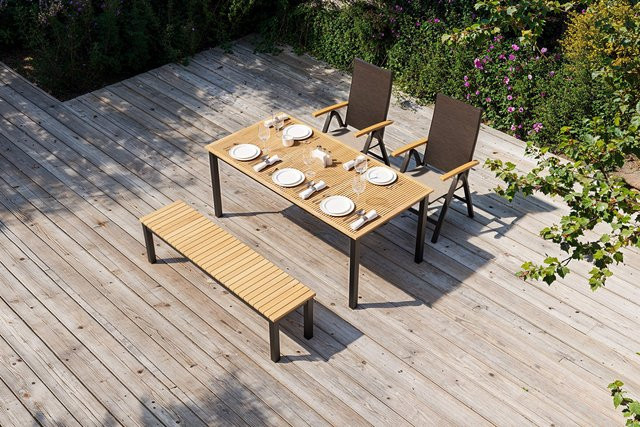 Villana Tasmania Garten-Essgruppe aus Aluminium und Eukalyptus mit Bank und 2 Klappstühlen, anthrazit/natur, Tischbreite: 180 cm, Tischbreite: 90 cm, Tischhöhe: 74 cm - Bild 1