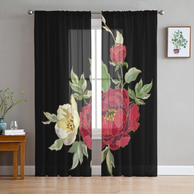 Transparenter Tüll-Fenstervorhang mit roten Pfingstrosenblüten von Super Six in Schwarz und Grau, Breite: 135 cm, Höhe: 114 cm - Bild 1