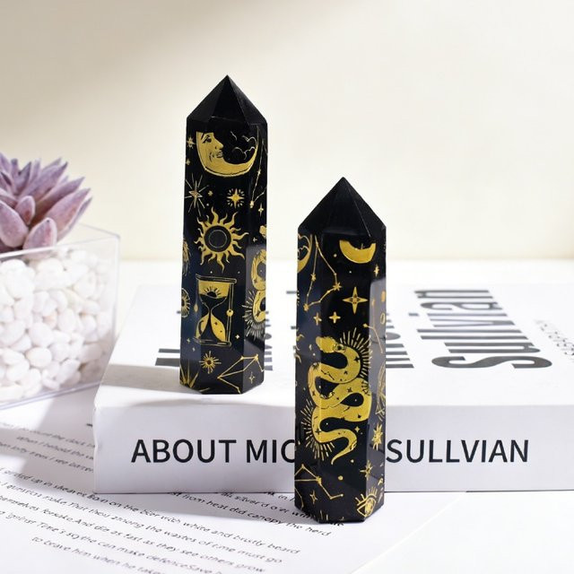 RYCRYSTAL Obsidian-Kristallstab Obelisk in Schwarz und Silber als dekorative Heimdekoration - Bild 1