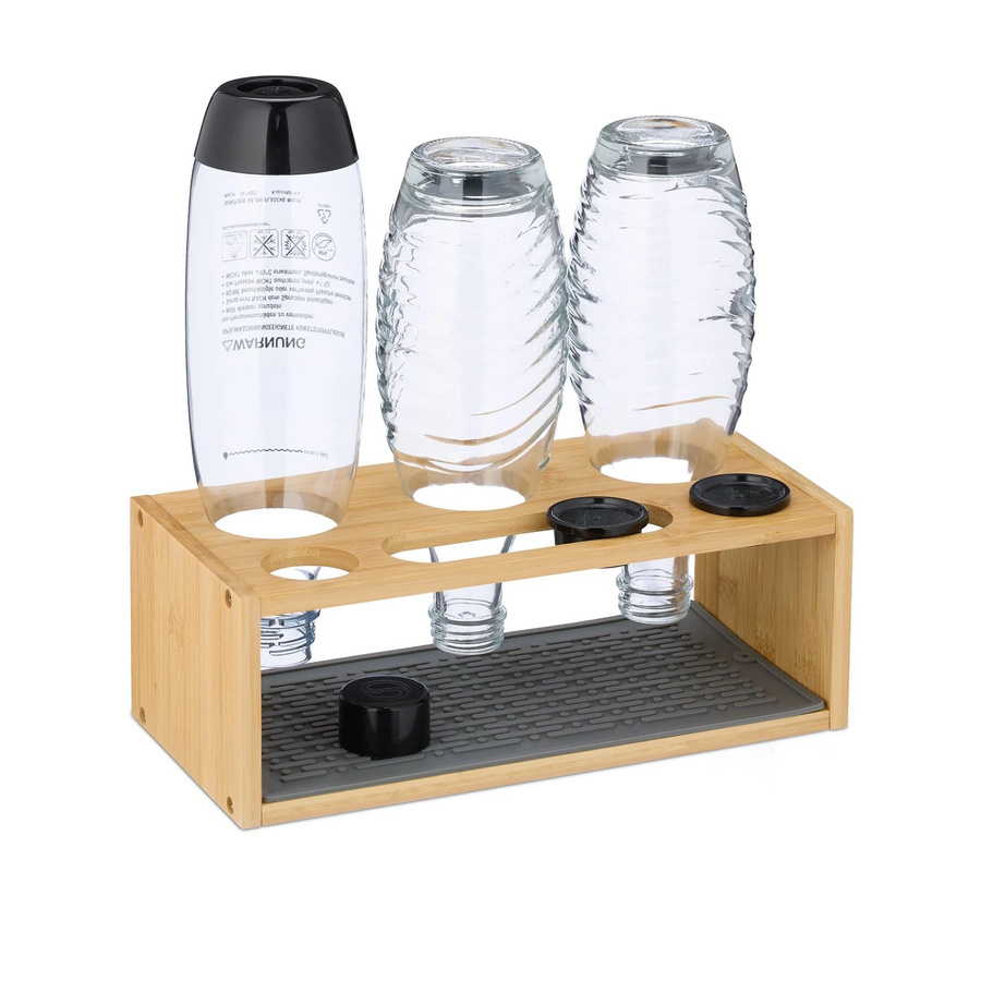 Relaxdays Flaschenhalter aus Bambus in Natur und Grau mit Silikonmatte für 3 Flaschen, B/T/H: 31 x 11 x 14,5 cm - Bild 2