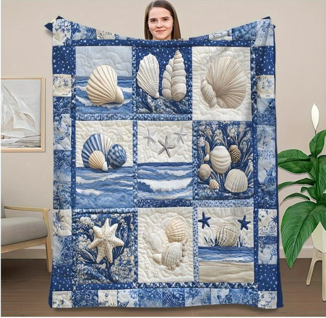 Dunika Chen Vintage Nautische Steppdecke mit Muschel- und Seestern-Design in Blau und Weiß, B/H: 75 x 100 cm - Bild 1