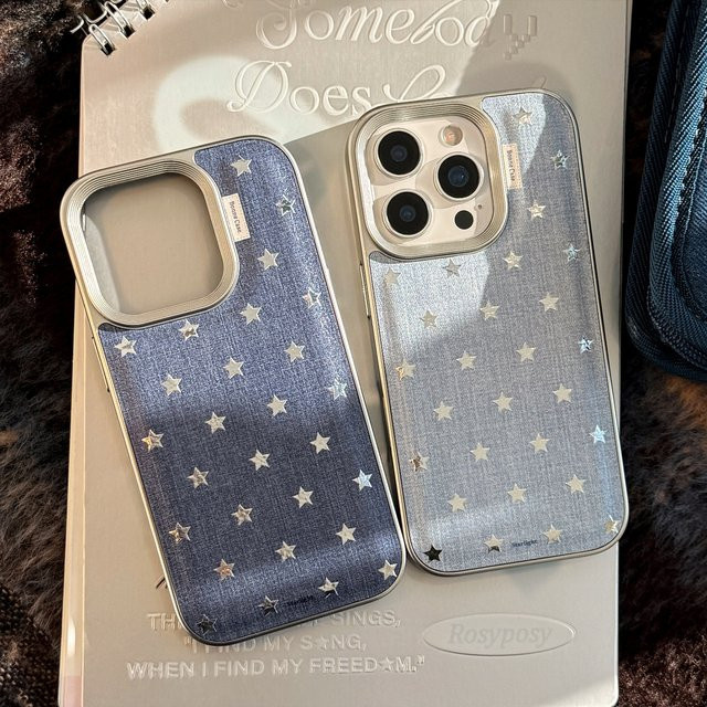 Stoßfeste Leder Handyhülle mit vergoldeten Sternen und silbernem Rand für dein iPhone 12 bis iPhone 17 Pro Max Plus in Gold, Silber oder Blau - Bild 1