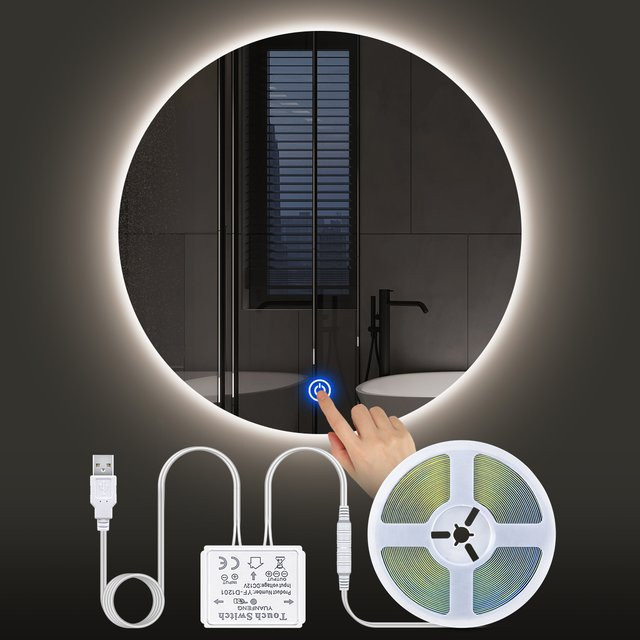 Rybakov COB LED Streifen für Schminkspiegel mit Touch Sensor und Dimmfunktion, USB 5V, Weiß - Bild 1