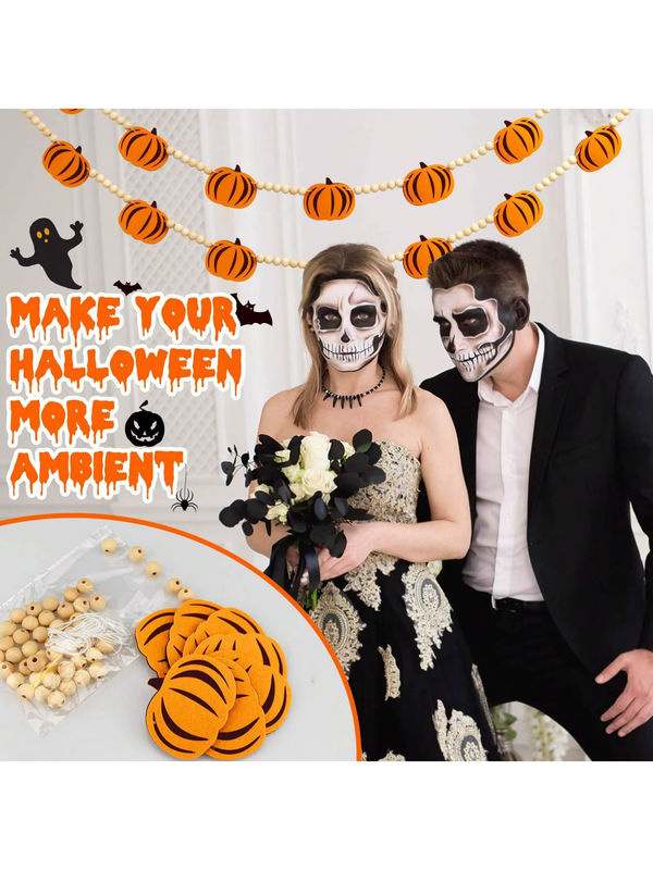 Halloween-Kürbis-Girlande aus Holzperlen und Filz in Orange als herbstliche Wanddekoration für dein Zuhause - Bild 6