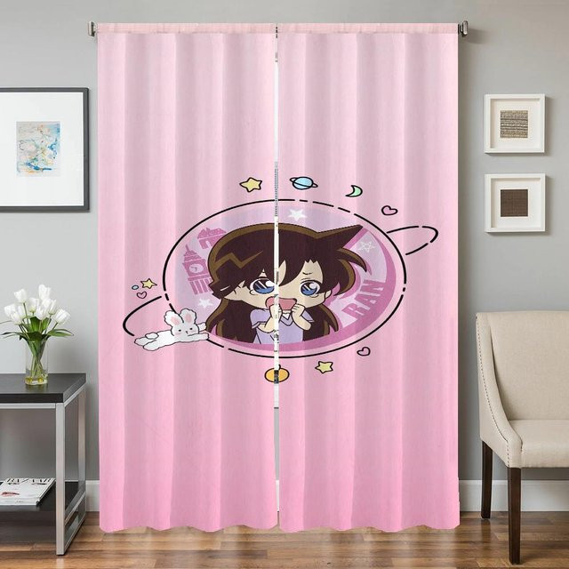 2er-Set Fensterküchenvorhänge Conan Detective mit Grafikprint, halbtransparent, Farbe: Pink, B: 50 cm, H: 70 cm - Bild 1