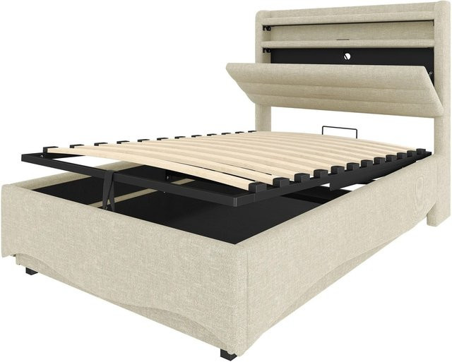 okwish Polsterbett Beige mit USB-C Anschluss und Unterbettbeleuchtung für Kinderzimmer und Schlafzimmer B/T/H: 90 x 200 cm - Bild 1