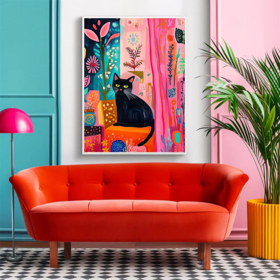 SHENCHEN Poster Schwarze Katze mit floralen Elementen in Rosa und Blaugrün, abstrakter Kunstdruck auf Papier - Bild 3
