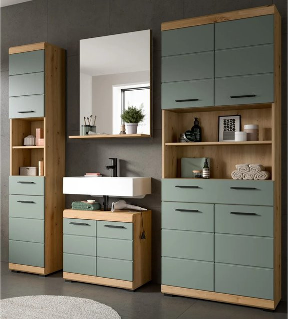 Inn.Furn Badmöbel Set Shawn 4-teilig in Grün und Eiche mit LED-Beleuchtung, Breite: 201 cm - Bild 1