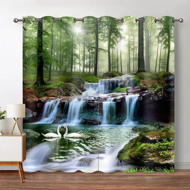 Yiran Furniture Verdunklungsvorhänge Natur Wald und Dschungel mit Wasserfall-Motiv, 2er-Set, B/H: 100 x 130 cm - Bild 1