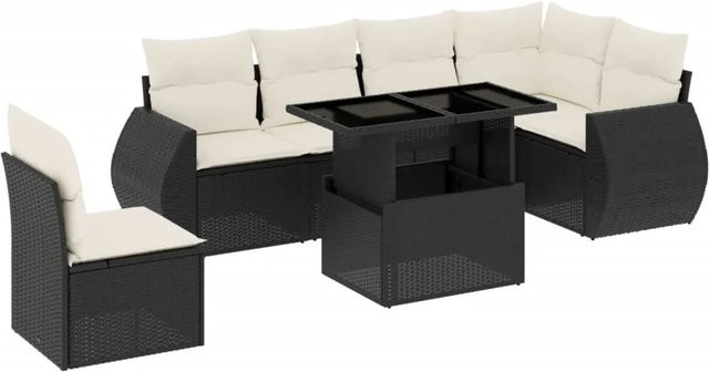 vidaXL 7-teilige Garten-Sofagarnitur in L-Form aus Poly-Rattan und pulverbeschichtetem Stahl mit Kissen in Schwarz-Creme - Bild 1