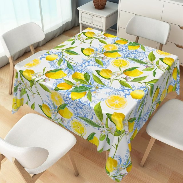 JINGYUE Pet Rechteckige Tischdecke Sommer Zitrone und Blaue Blumen, Polyester, Gelb/Blau, B/L: 100 x 160 cm - Bild 1