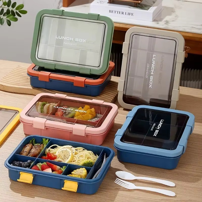 Tragbare Bento-Box Lunchbox mit Gitterteilung und Besteck, mikrowellengeeignet, 1500 ml, Farben: Braun oder Blau - Bild 2