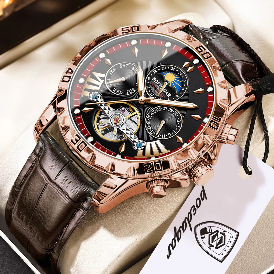 POEDAGAR Armbanduhr Automatik, Lederarmband, Roségold, Herren - Bild 2