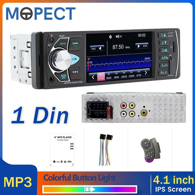 MOPECT 1DIN Autoradio in Schwarz mit Bluetooth-Freisprechfunktion, MP3-Player, USB/TF-Kartensteckplatz, Aux-Eingang und FM/AM-Radio in 7 Farben - Bild 1