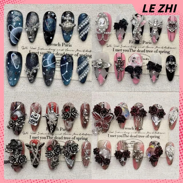 keeppley Press On Nails, 10 Stück, Dark Square, 3D Flower Butterfly Pearl Strass, Glänzend - Bild 1