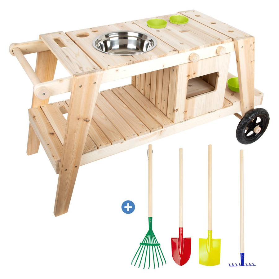 small foot Garten-Spielset mit Matschküche, 5-tlg., 4-tlg. Gartenwerkzeug-Set, Natur - Bild 1