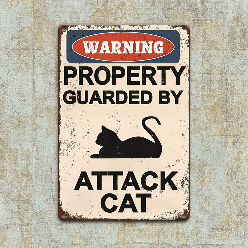 HELLOYOUNG Warnschild Angriffs Katze Vintage Wandplakette aus Metall in Weiß für die Außenwand - Bild 3