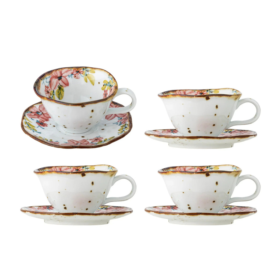 Bloomingville Savina Tassen- und Untertassenset, 4-teilig, Keramik mit floralem Muster in Weiß, Braun und Multicolour - Bild 1